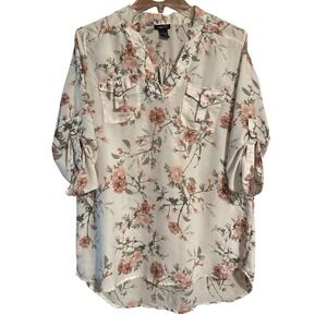 Rue 21 Women's White Floral Print V‎ Neck Roll Tab Sleeve Blouse Top Large
